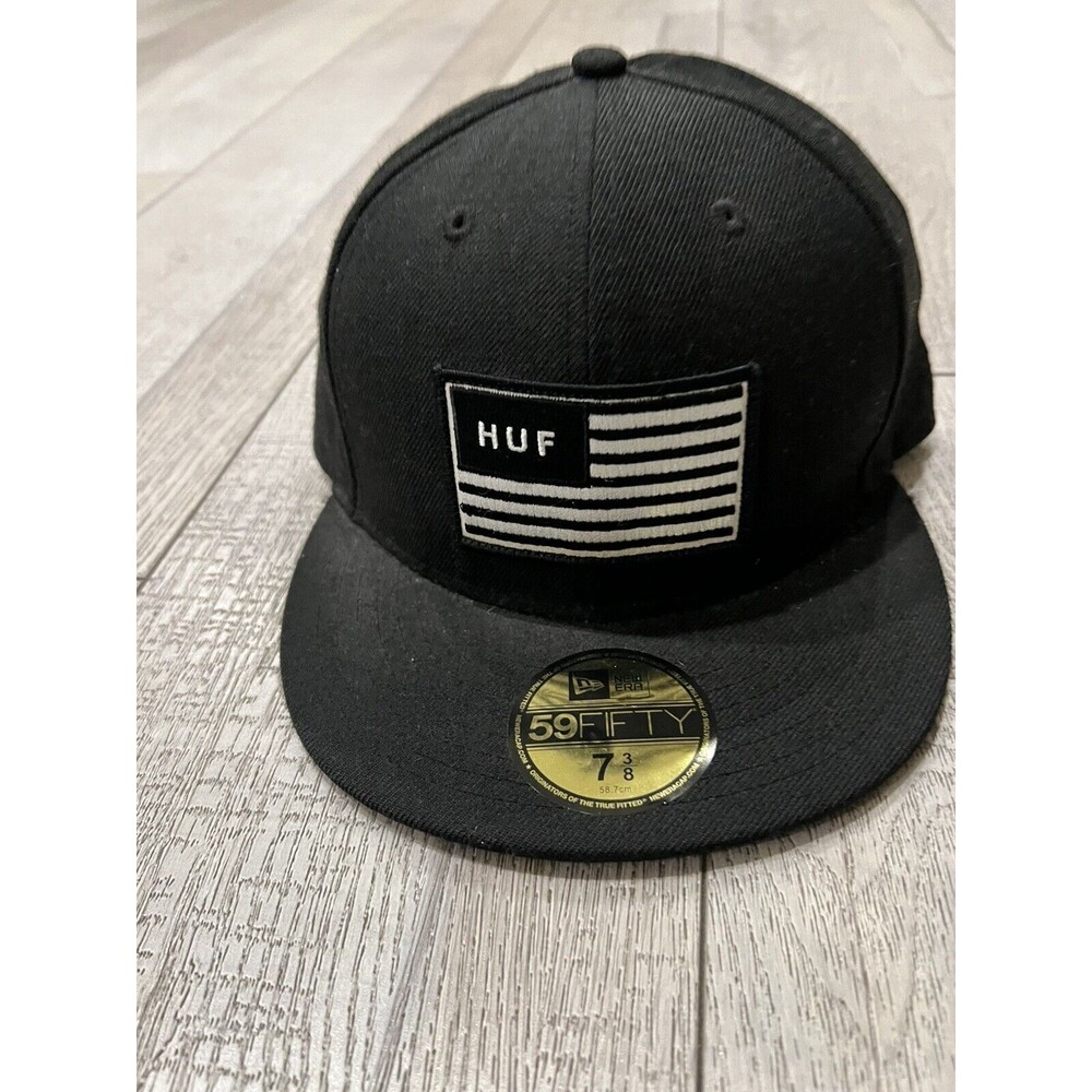 Rare Vintage Huf Fitted Hat Cap Adult 7 3/8 New Era Black White Flag supreme